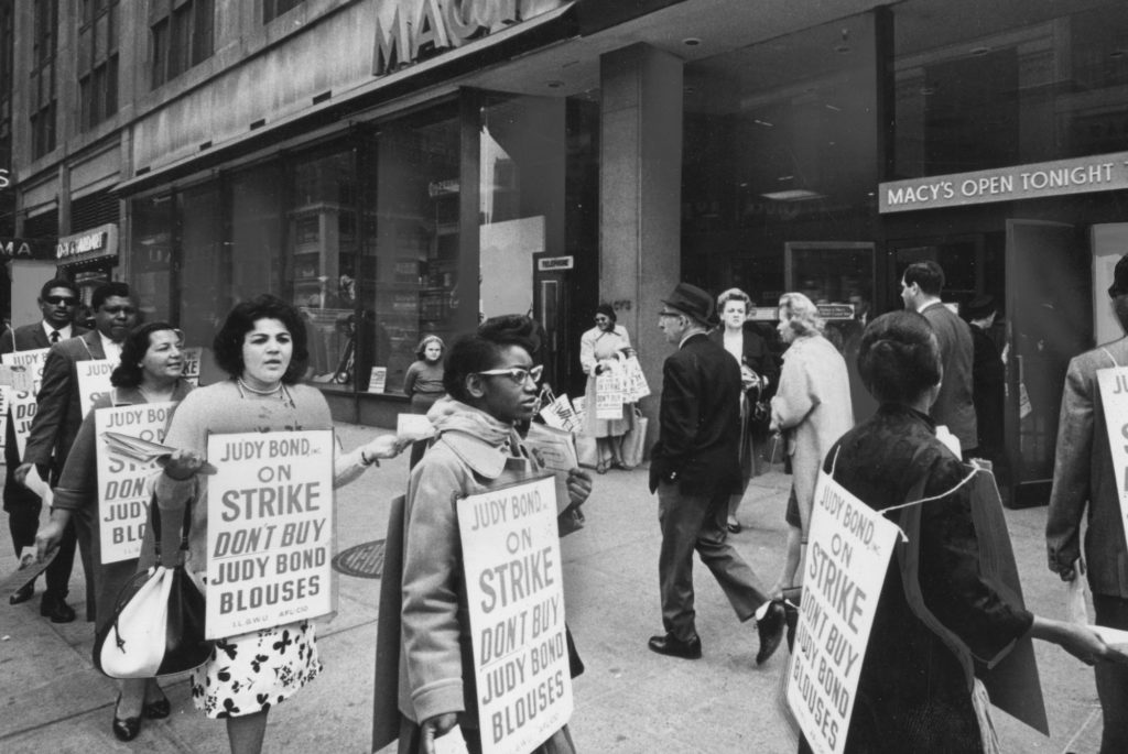 Picketing ILGWU members outside Macy's department store urge shoppers not to buy Judy Bond blouses. Circa 1965. Courtesy Kheel Center for Labor-Management Documentation & Archives, Cornell University.